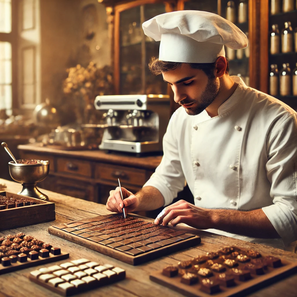 DALL·E 2025-03-17 14.28.22 - A professional chocolatier in a white chef's uniform and hat, carefully crafting artisanal chocolates in a traditional workshop. The setting includes